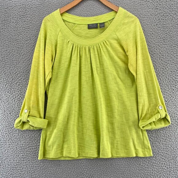 Chicos Top Womens 1 US Medium Green Roll Tab Long Sleeve Ruched Collar Pullover* - Picture 1 of 11